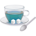 download Glass Cup With Glass Saucer Spoon And Sugar Cubes clipart image with 180 hue color