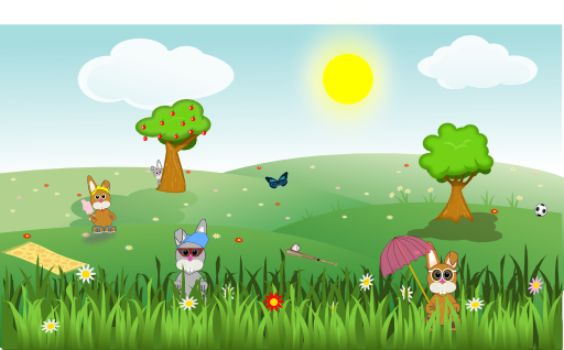 Summer Green And Sunny Landscape With Bunnies Trees Flowers