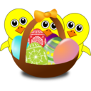download Funny Chicks Cartoon With Easter Eggs In A Basket clipart image with 0 hue color