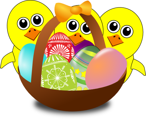 Funny Chicks Cartoon With Easter Eggs In A Basket