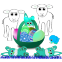 download Funny Lambs Bunnies And Chick With Easter Eggs In A Basket clipart image with 135 hue color