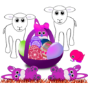 download Funny Lambs Bunnies And Chick With Easter Eggs In A Basket clipart image with 270 hue color