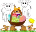 Funny Lambs Bunnies And Chick With Easter Eggs In A Basket