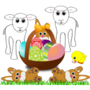download Funny Lambs Bunnies And Chick With Easter Eggs In A Basket clipart image with 0 hue color
