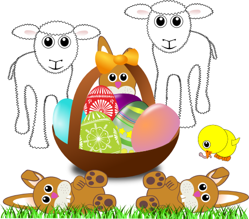 Funny Lambs Bunnies And Chick With Easter Eggs In A Basket
