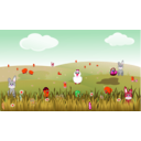 download Easter Landscape With Bunnies Chicks Eggs Chicken Flowers clipart image with 315 hue color