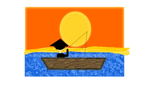 Chinese Man In A Boat Under A Sunset