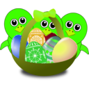 download Funny Chicks Cartoon With Easter Eggs In A Basket clipart image with 45 hue color