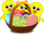 Funny Chicks Cartoon With Easter Eggs In A Basket