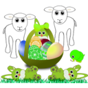 download Funny Lambs Bunnies And Chick With Easter Eggs In A Basket clipart image with 45 hue color