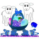 download Funny Lambs Bunnies And Chick With Easter Eggs In A Basket clipart image with 180 hue color