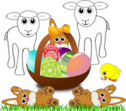 Funny Lambs Bunnies And Chick With Easter Eggs In A Basket