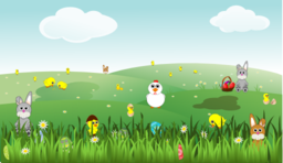 Easter Landscape With Bunnies Chicks Eggs Chicken Flowers