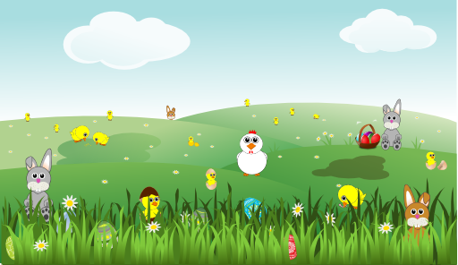 Easter Landscape With Bunnies Chicks Eggs Chicken Flowers