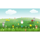 download Easter Landscape With Bunnies Chicks Eggs Chicken Flowers clipart image with 0 hue color