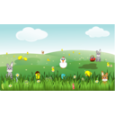 Easter Landscape With Bunnies Chicks Eggs Chicken Flowers