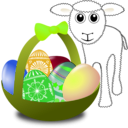 download Funny Lamb With Easter Eggs In A Basket clipart image with 45 hue color