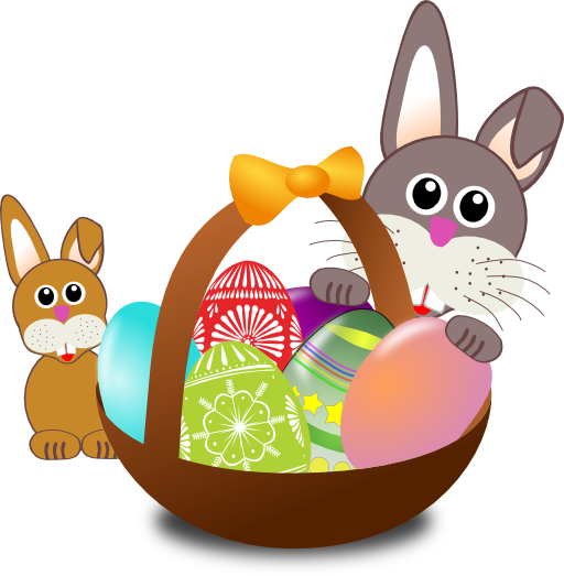 Funny Bunny Face With Easter Eggs In A Basket With Baby Rabbit