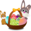 Funny Bunny Face With Easter Eggs In A Basket With Baby Rabbit