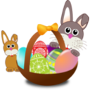 Funny Bunny Face With Easter Eggs In A Basket With Baby Rabbit